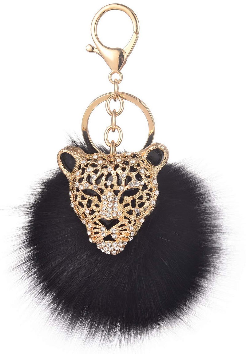 Giftale Leopard with Black Fox Fur Pom Pom Keychain for Women Ball Bag Charm - Image 1